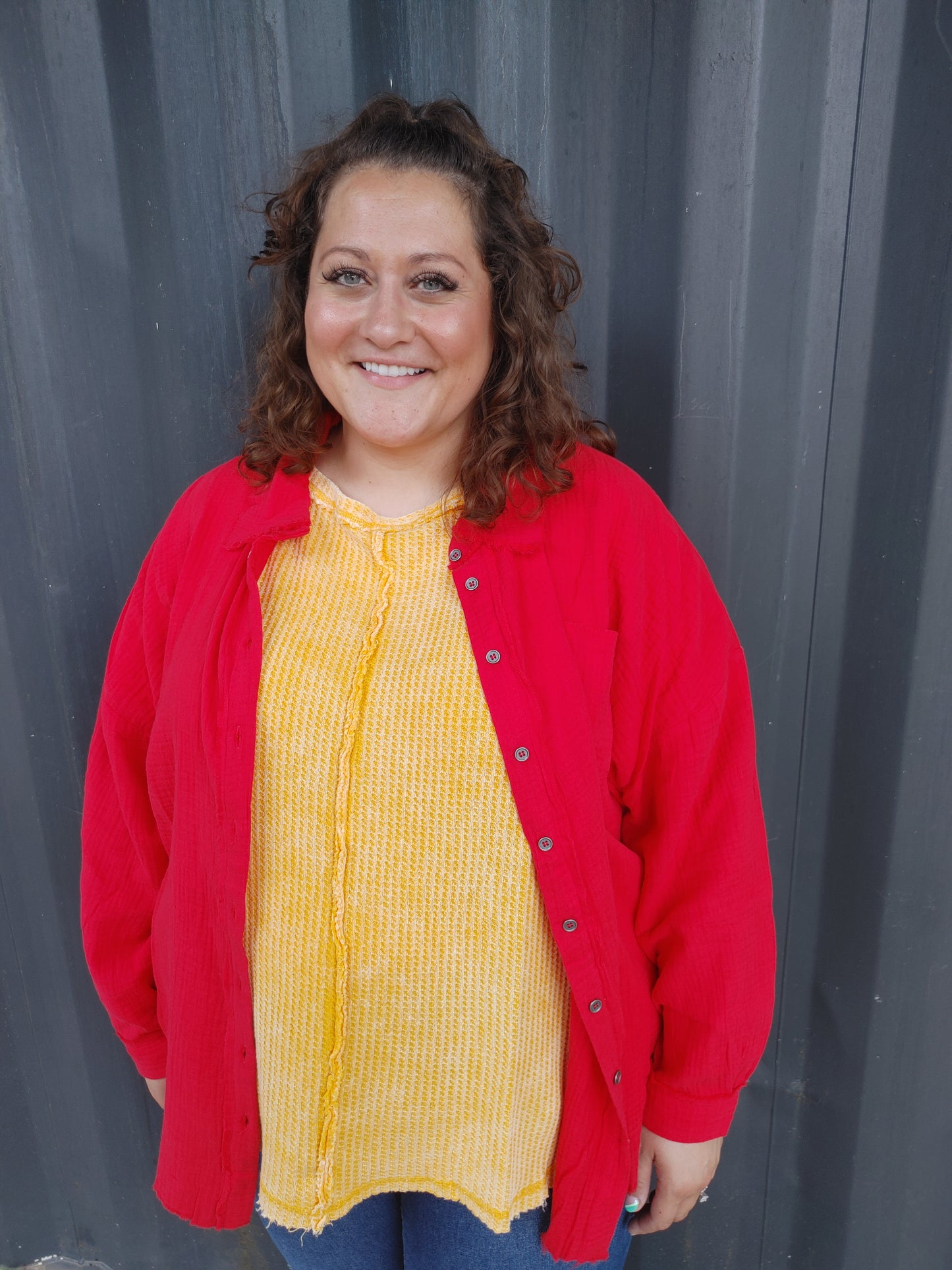 Ruby Red Leaves Oversized Gauze Buttondown