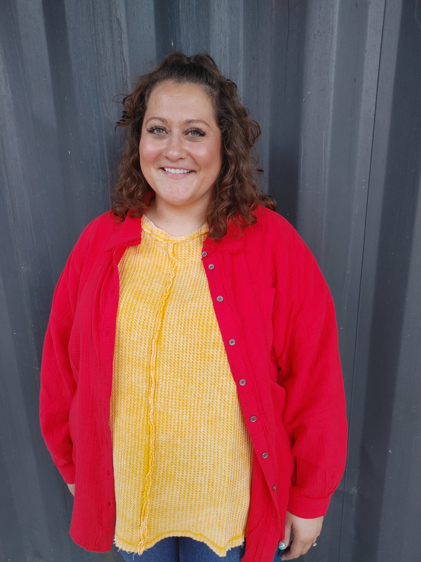 Ruby Red Leaves Oversized Gauze Buttondown
