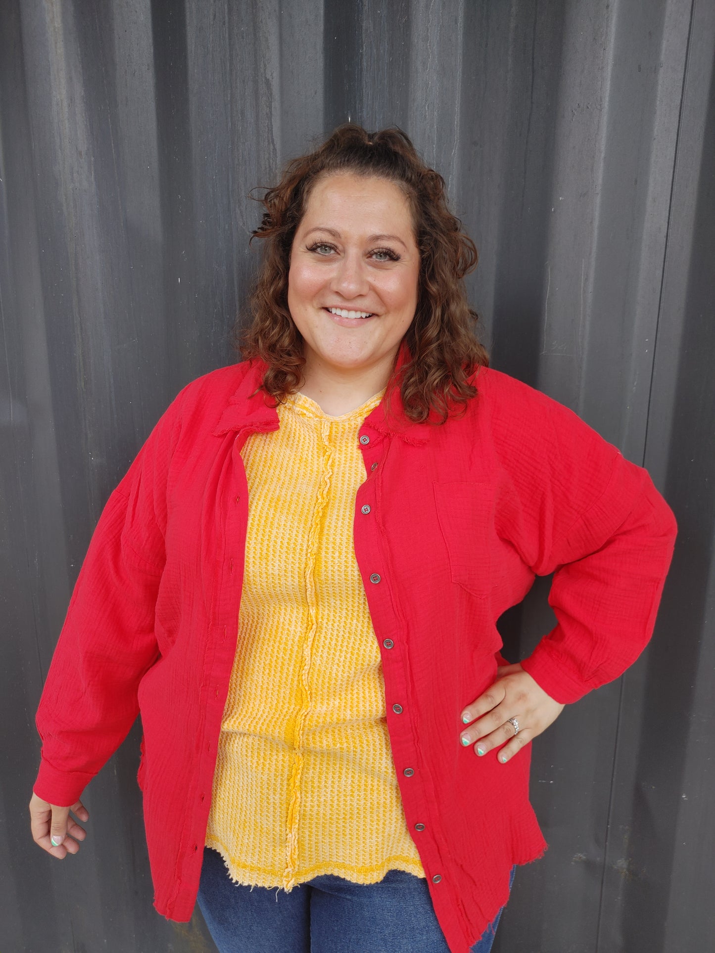Ruby Red Leaves Oversized Gauze Buttondown