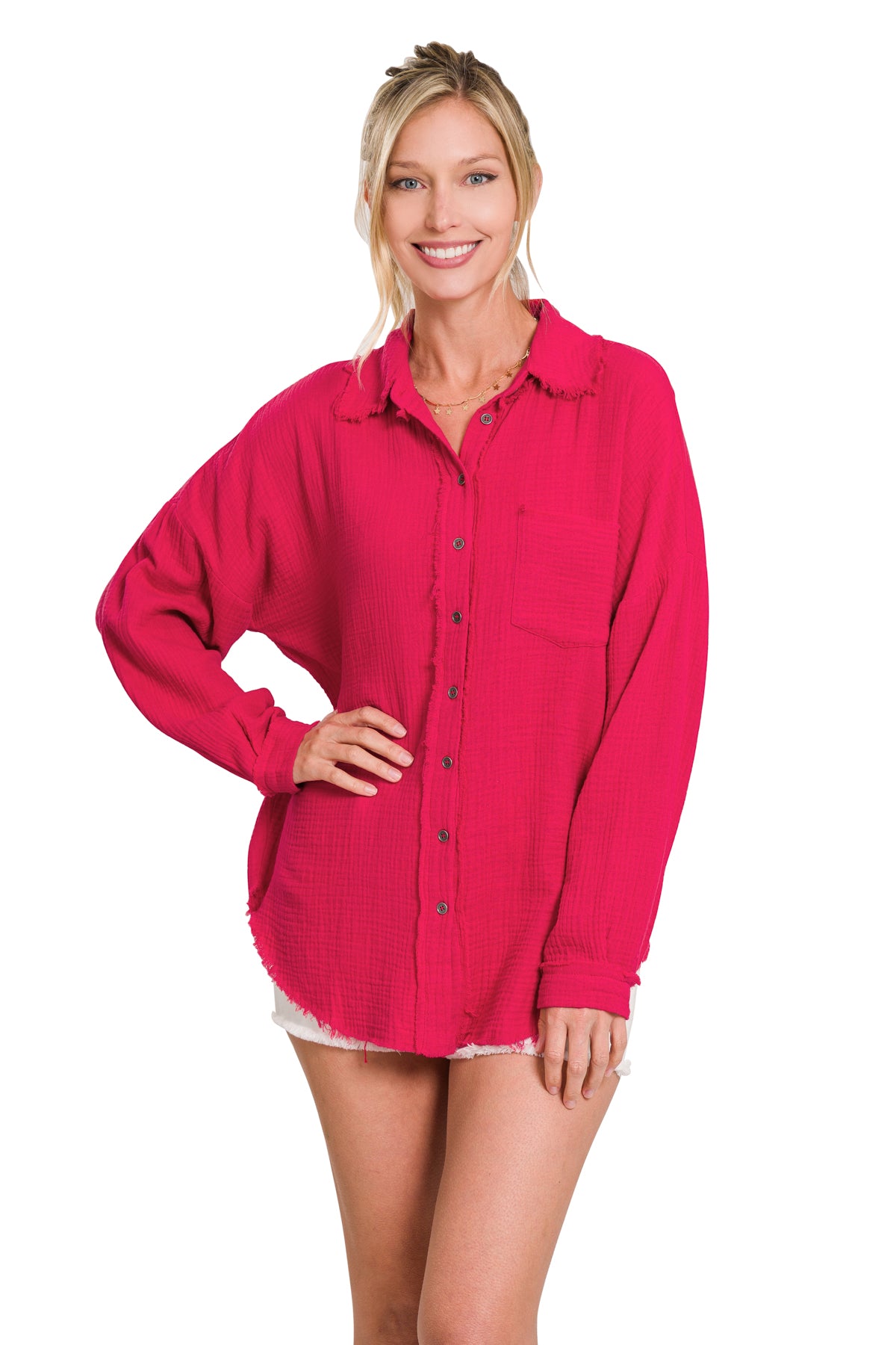 Ruby Red Leaves Oversized Gauze Buttondown