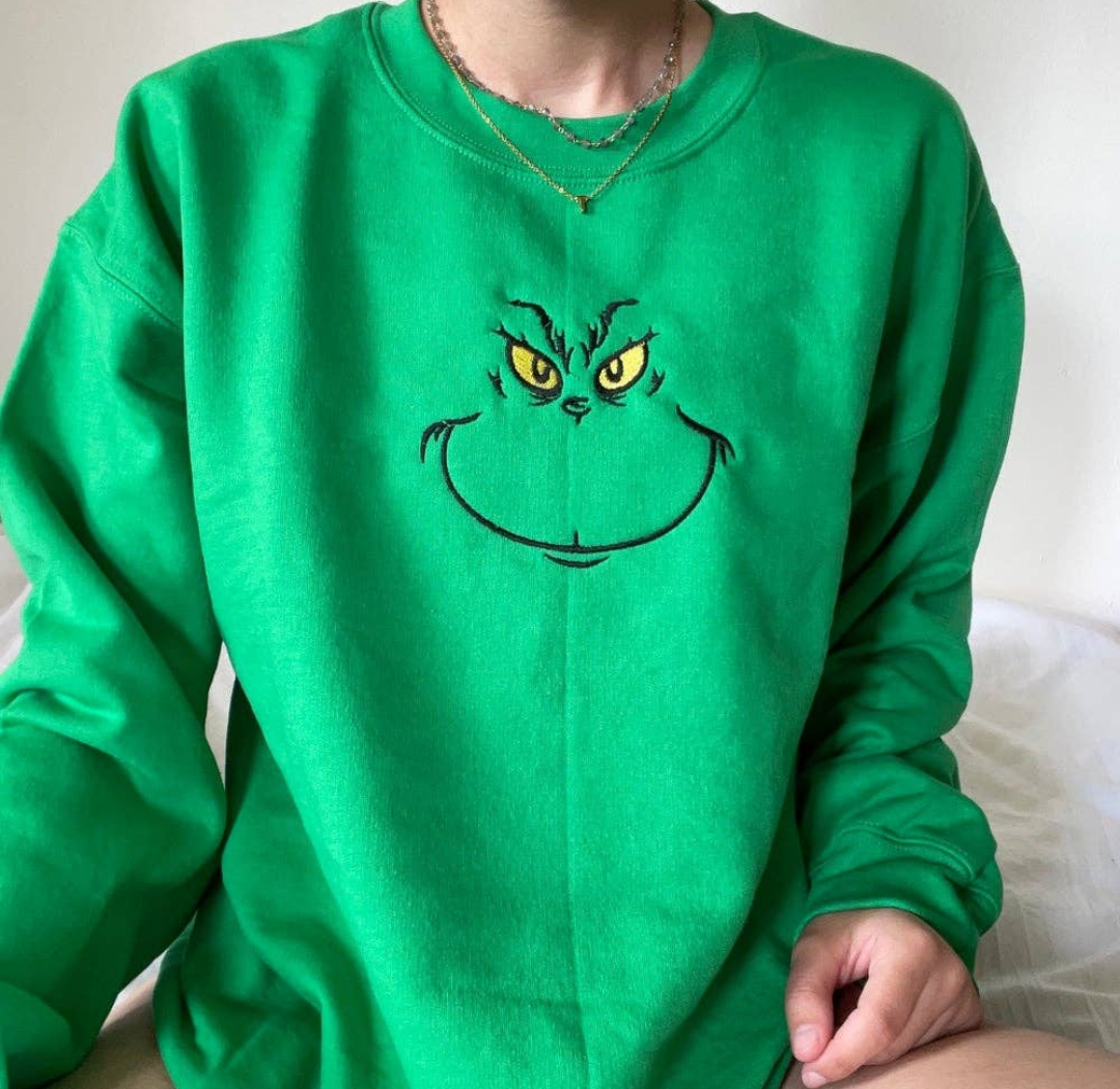 Grinch Face Embroidered Crewneck Peppered Skye Boutique