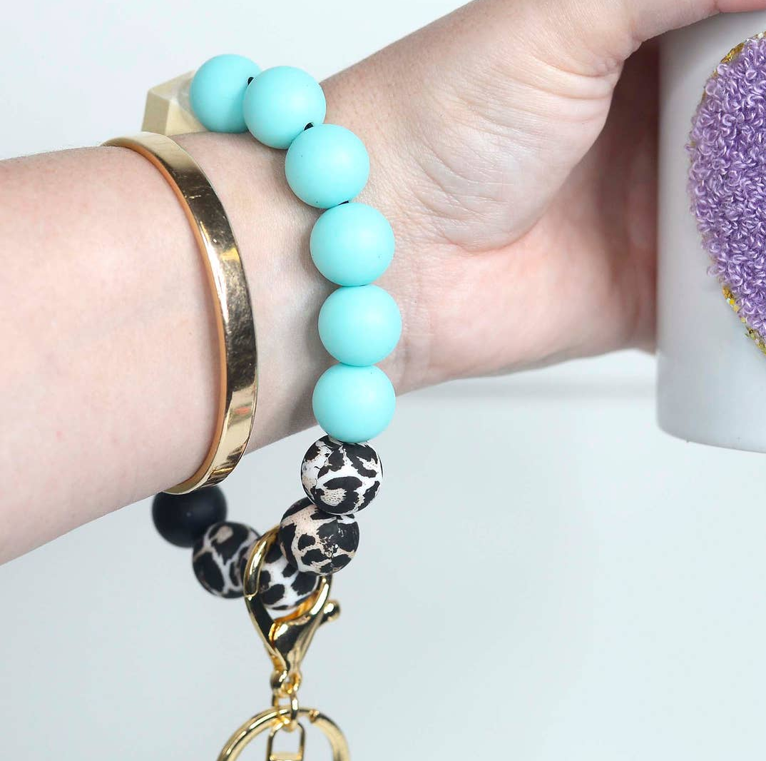 Mint and Leopard Silicone Beaded Keychain Keyring