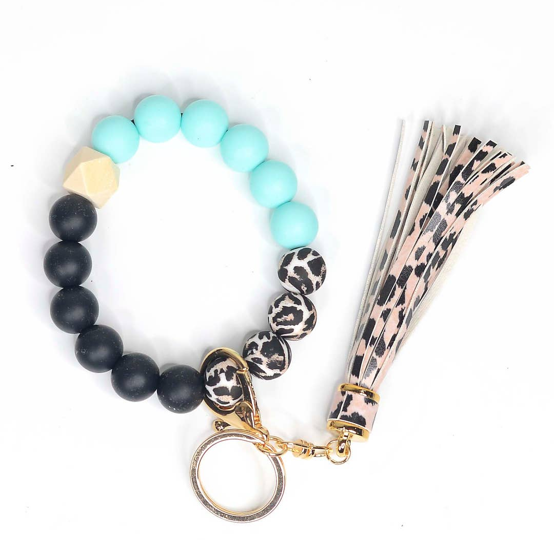 Mint and Leopard Silicone Beaded Keychain Keyring