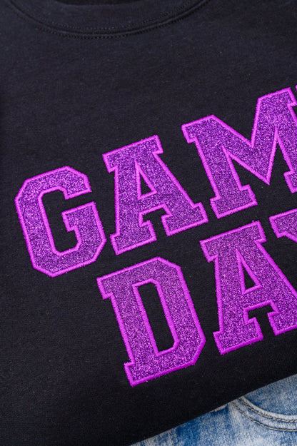 PREORDER: Embroidered Glitter Game Day Sweatshirt in Black/Purple