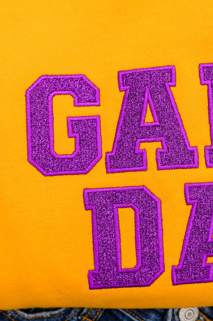 PREORDER: Embroidered Glitter Game Day Sweatshirt in Gold/Purple