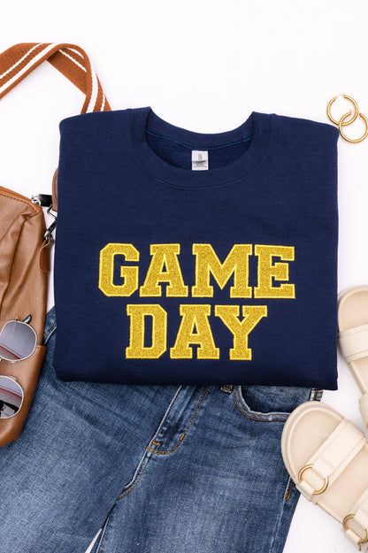 PREORDER: Embroidered Glitter Game Day Sweatshirt in Navy/Golden Yellow