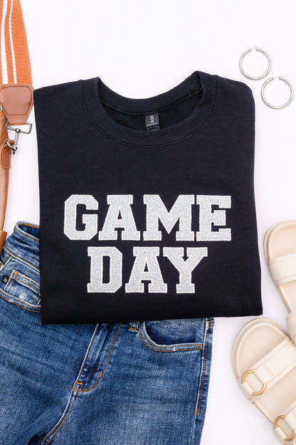 PREORDER: Embroidered Glitter Game Day Sweatshirt in Black/Silver