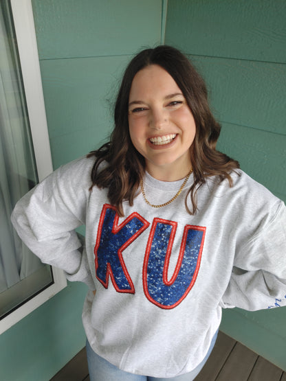 KU Sequins and Embroidery Printed Crewneck