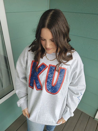 KU Sequins and Embroidery Printed Crewneck