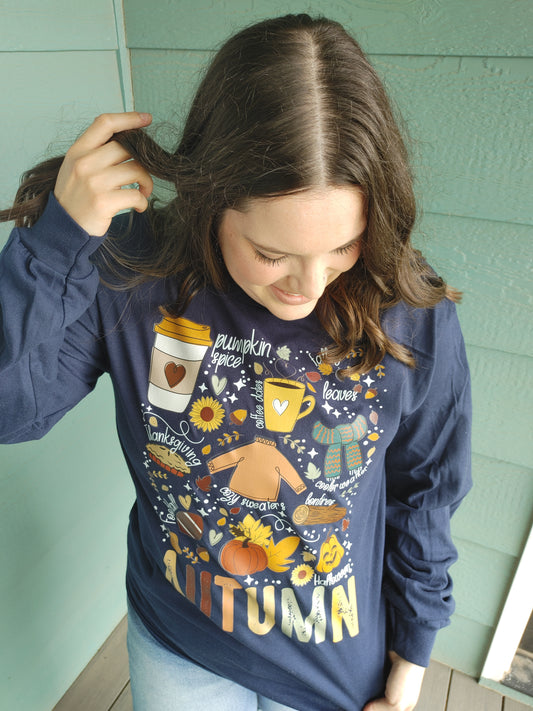 Autumn Navy Blue Long Sleeve Graphic Top