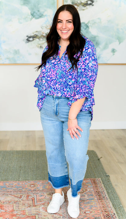 Lizzy Bell Sleeve Top in Navy and Pink Floral