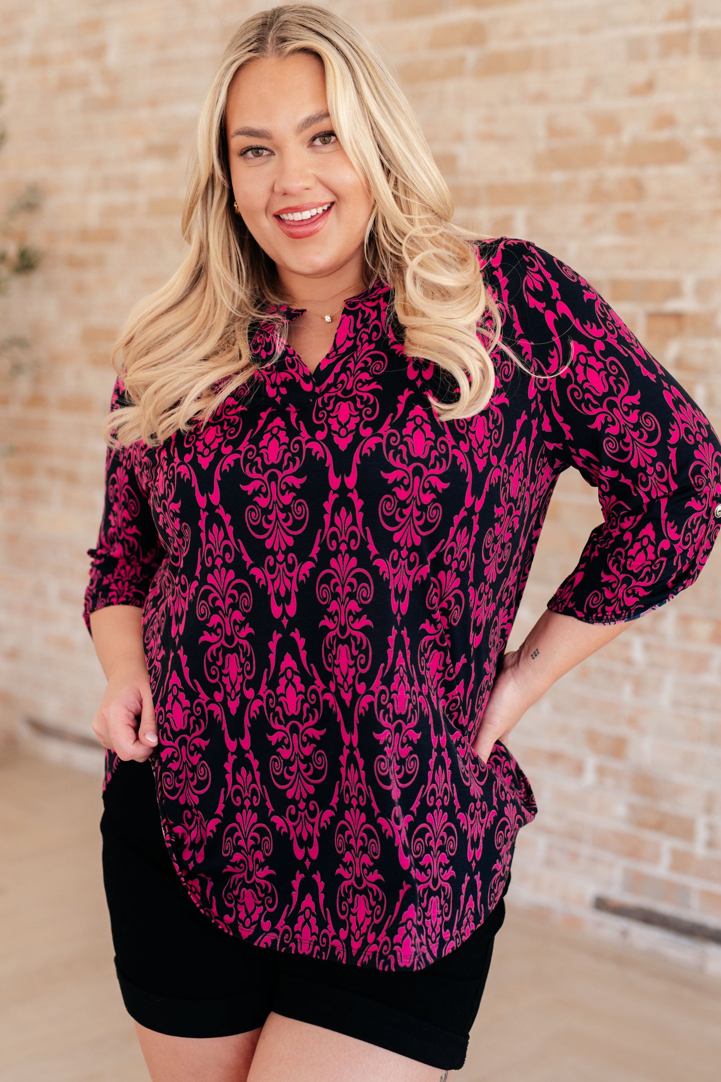 Lizzy Top in Navy and Hot Pink Damask