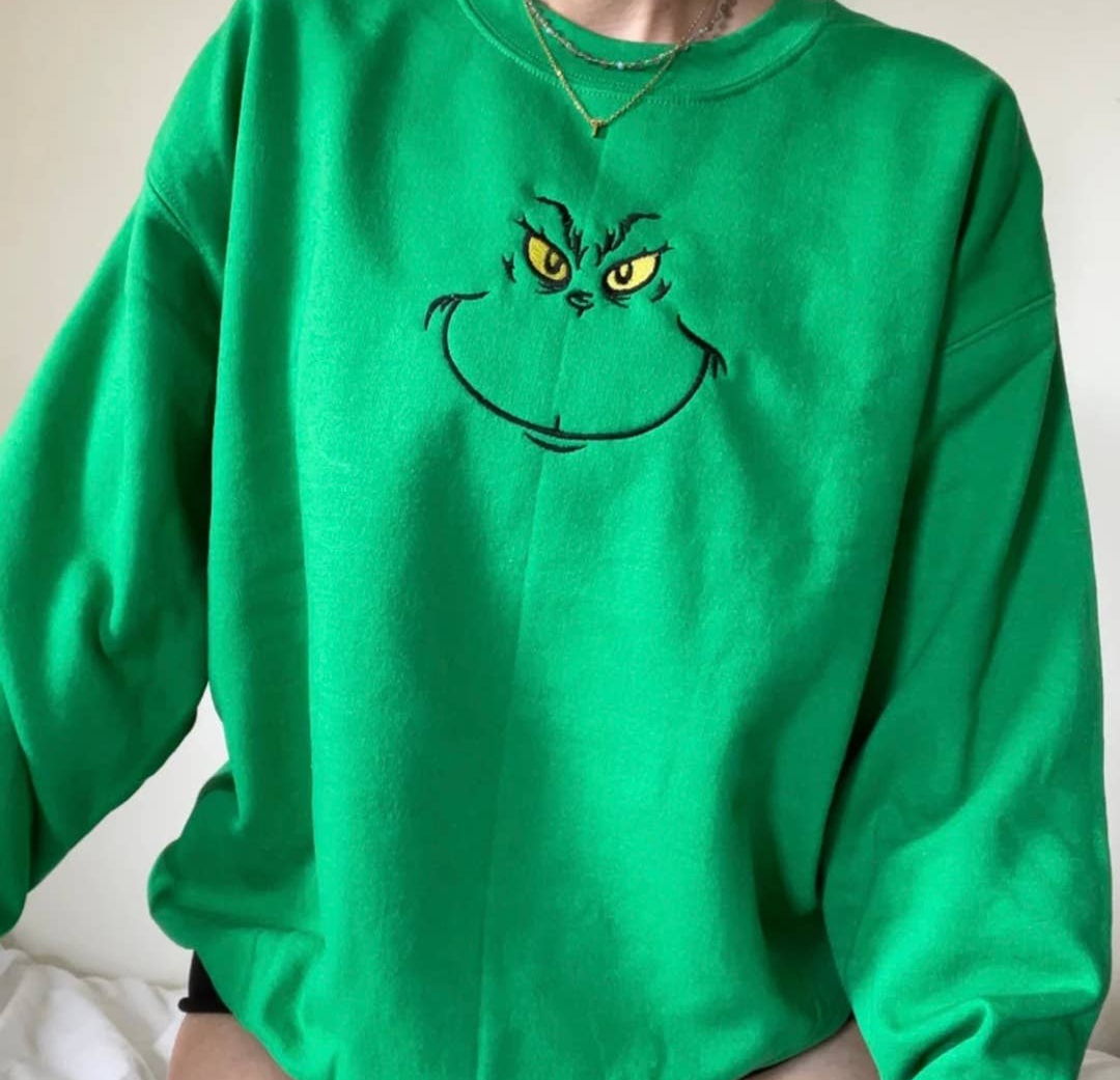 Grinch Face Embroidered Crewneck