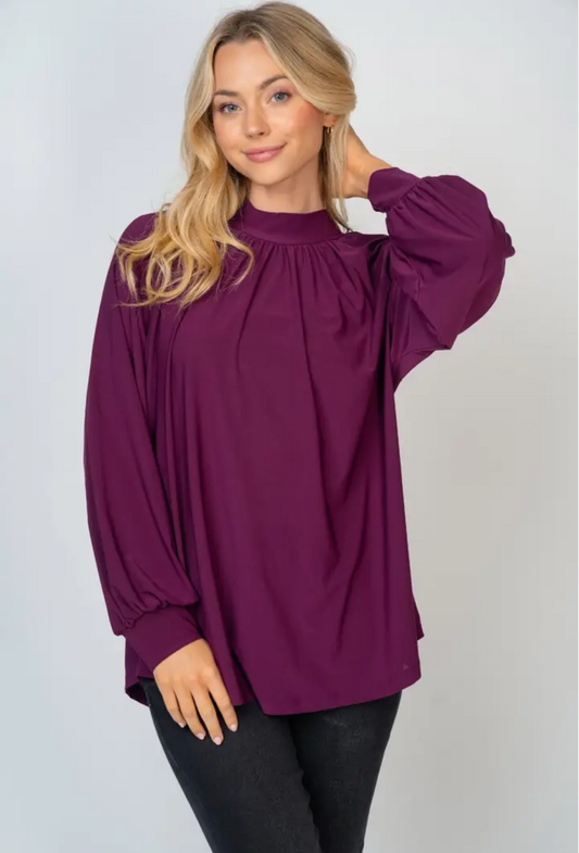 Plum Shirred Neckline Long Sleeve Top