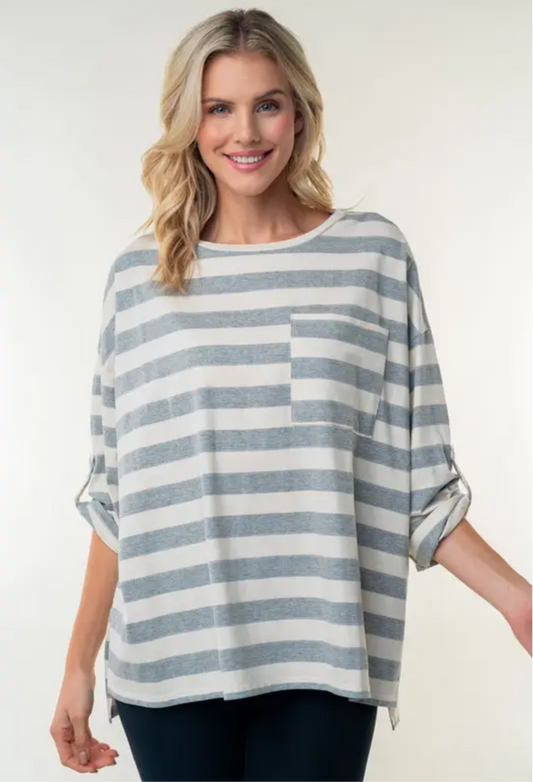 Striped & Pocketed Quarter Sleeve Top