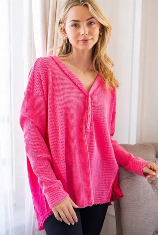 Hot Pink Long Sleeve Knit Detailed Top