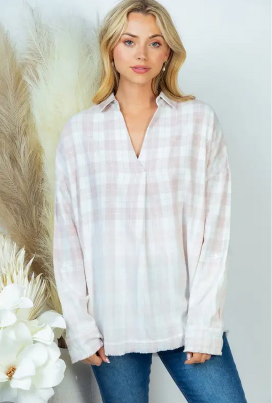 Faded Pink Long Sleeve Plaid Woven Top