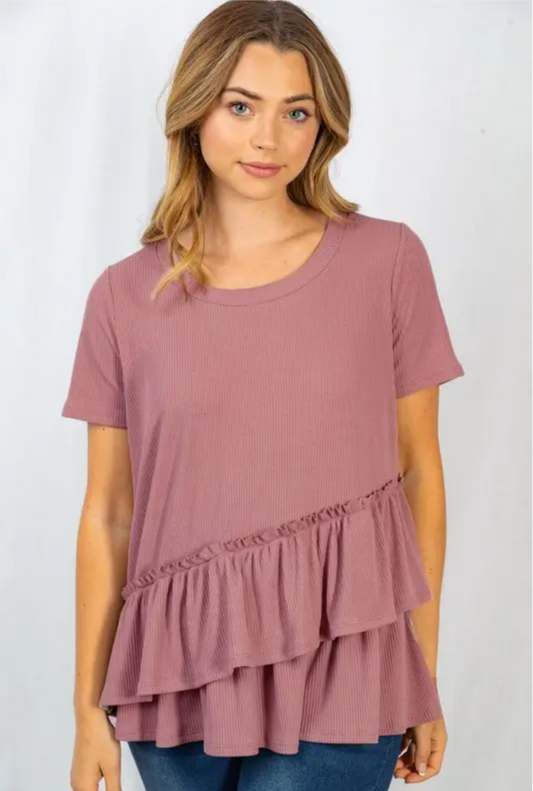 Mauve Short Sleeve Solid Knit Overlay Top