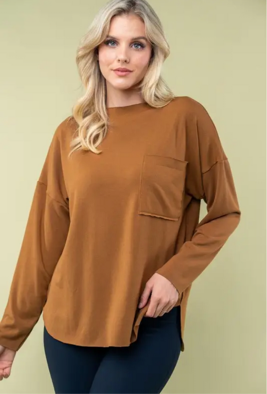 Bronze Long Sleeve Solid Pocket Top