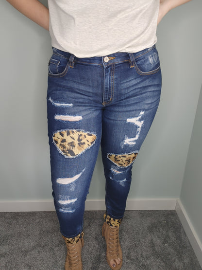 Kancan Mid Rise Leopard Patch Ankle Skinny