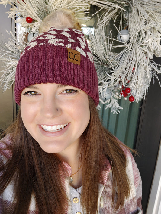 Maroon Leopard C.C. Pom Pom Beanie