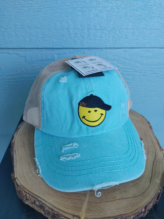 Backwards Hat Smiley Turquoise Hat