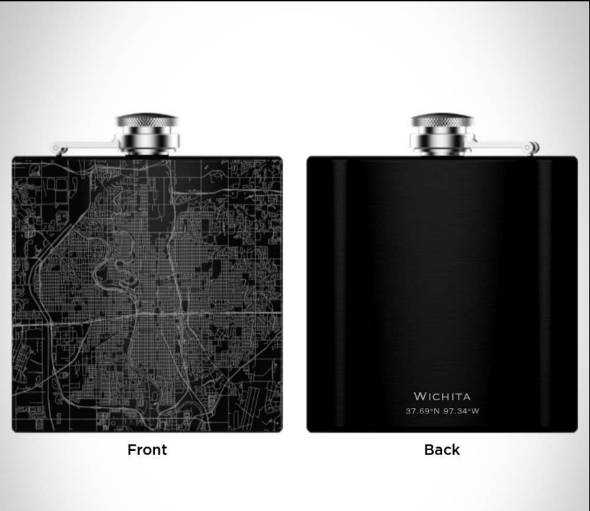 Wichita KS Map Hip Flask in Matte Black