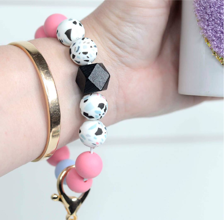 Pink & Black Speckled Silicone Beaded Keyring Bracelet